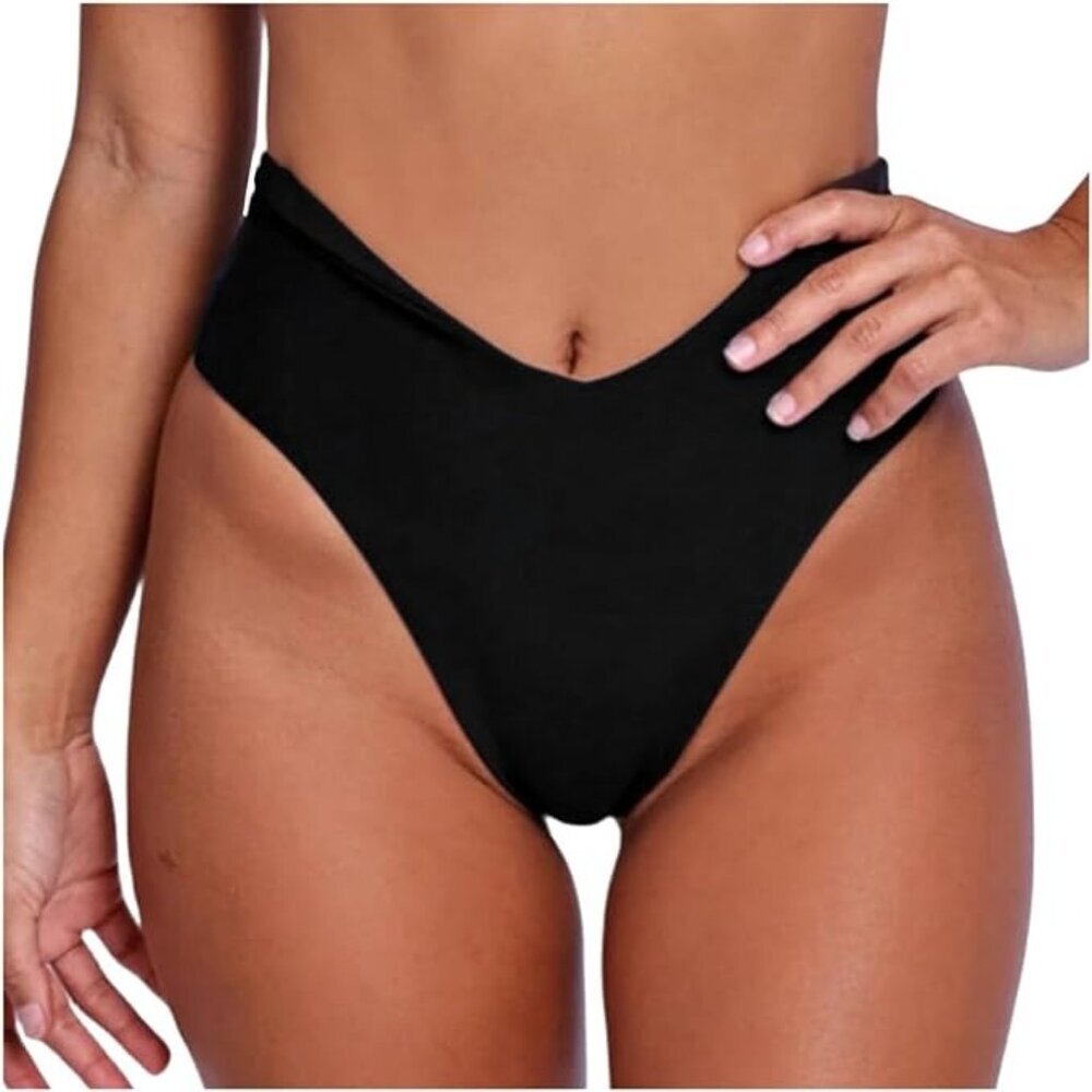 Women's Black Sexy V Cut High Waisted Bikini Bottoms - Size L, NWOT